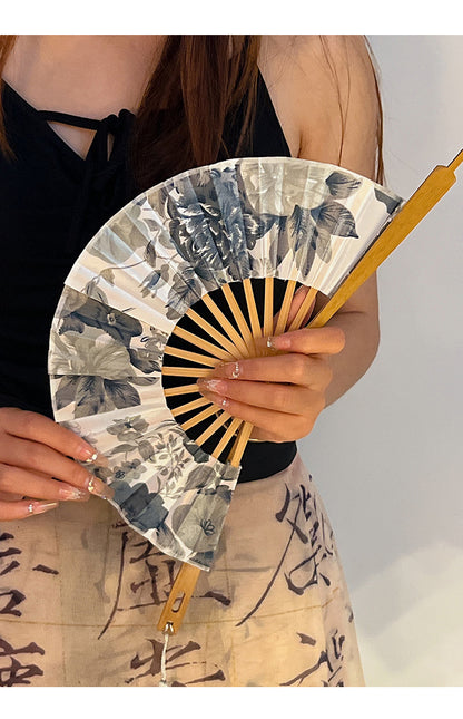 2 PCS Floral Bamboo Folding Hand Fan - Traditional Chinese Style Round Folding Design (Elegant ink flower) - Image 4
