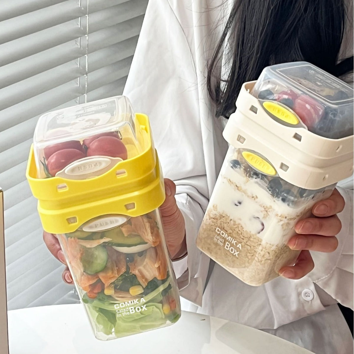 Yellow Portable salad cup with ingredient compartment and fork and spoon - enjoy breakfast on the go - Image 2