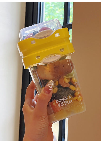 Yellow Portable salad cup with ingredient compartment and fork and spoon - enjoy breakfast on the go - Image 4