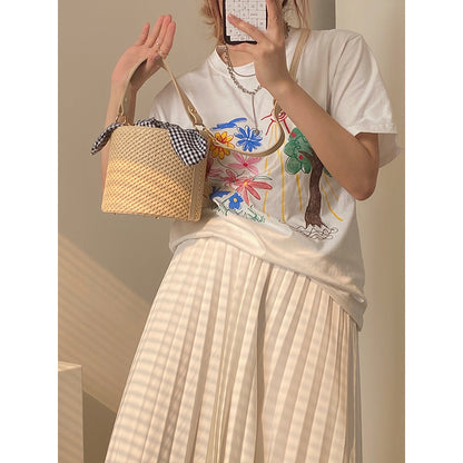 Woven Straw Bucket Bag with Gingham Bow Accent - Mini Top Handle & Crossbody - Image 2