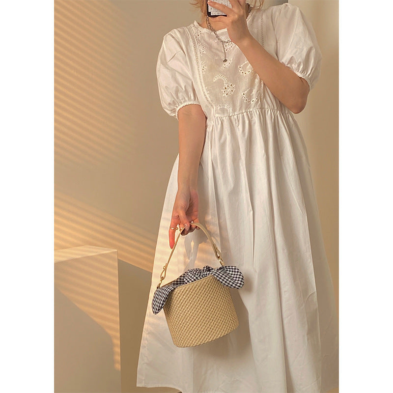 Woven Straw Bucket Bag with Gingham Bow Accent - Mini Top Handle & Crossbody - Image 3