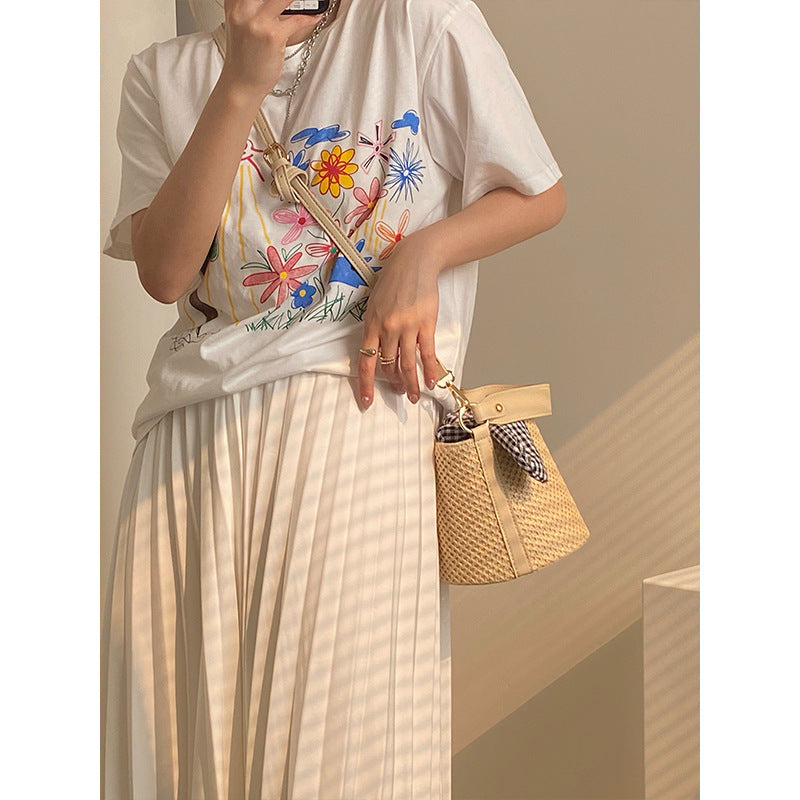 Woven Straw Bucket Bag with Gingham Bow Accent - Mini Top Handle & Crossbody - Image 4