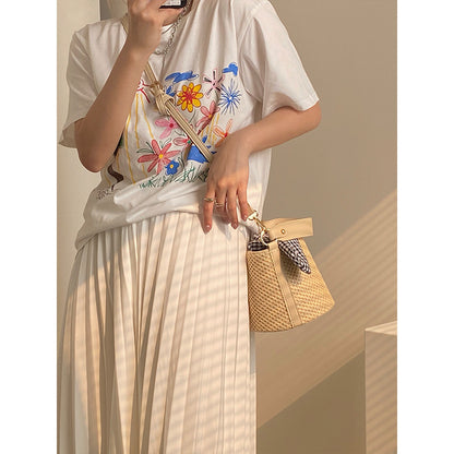 Woven Straw Bucket Bag with Gingham Bow Accent - Mini Top Handle & Crossbody - Image 4