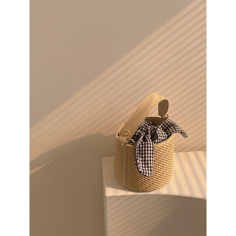 Woven Straw Bucket Bag with Gingham Bow Accent - Mini Top Handle & Crossbody - Image 5