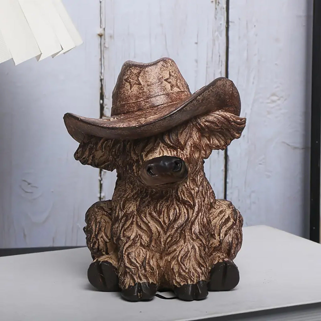 Rustic Highland Cow Statue with Cowboy Hat - Resin Farmhouse Decor - Image 2