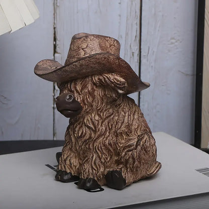 Rustic Highland Cow Statue with Cowboy Hat - Resin Farmhouse Decor - Image 3