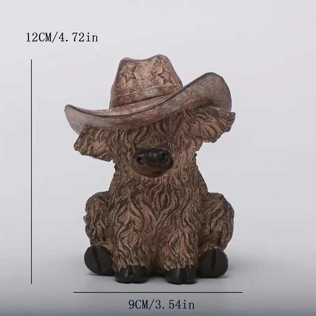Rustic Highland Cow Statue with Cowboy Hat - Resin Farmhouse Decor - Image 4