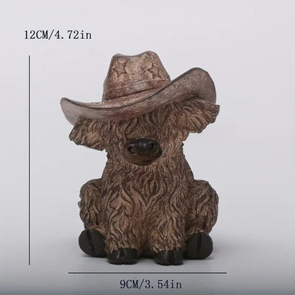 Rustic Highland Cow Statue with Cowboy Hat - Resin Farmhouse Decor - Image 4