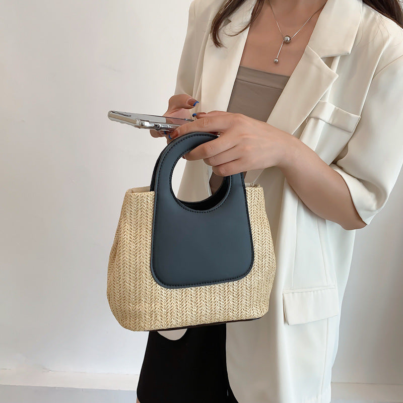 Retro Straw Tote Bag - Woven Handbag with Contrast Panel & Round Handles - Image 2