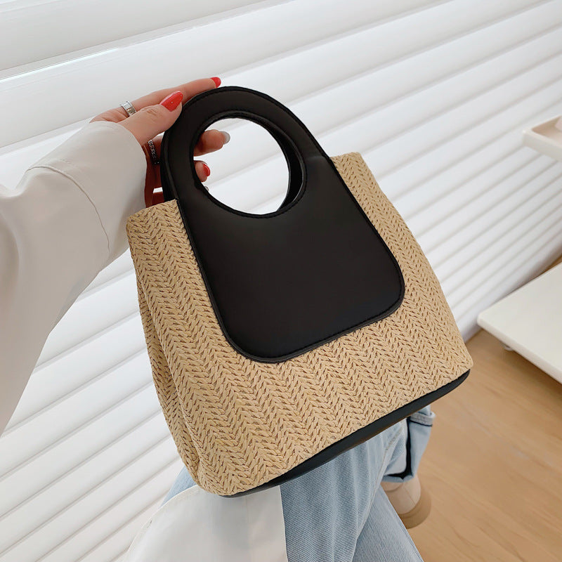 Retro Straw Tote Bag - Woven Handbag with Contrast Panel & Round Handles - Image 3