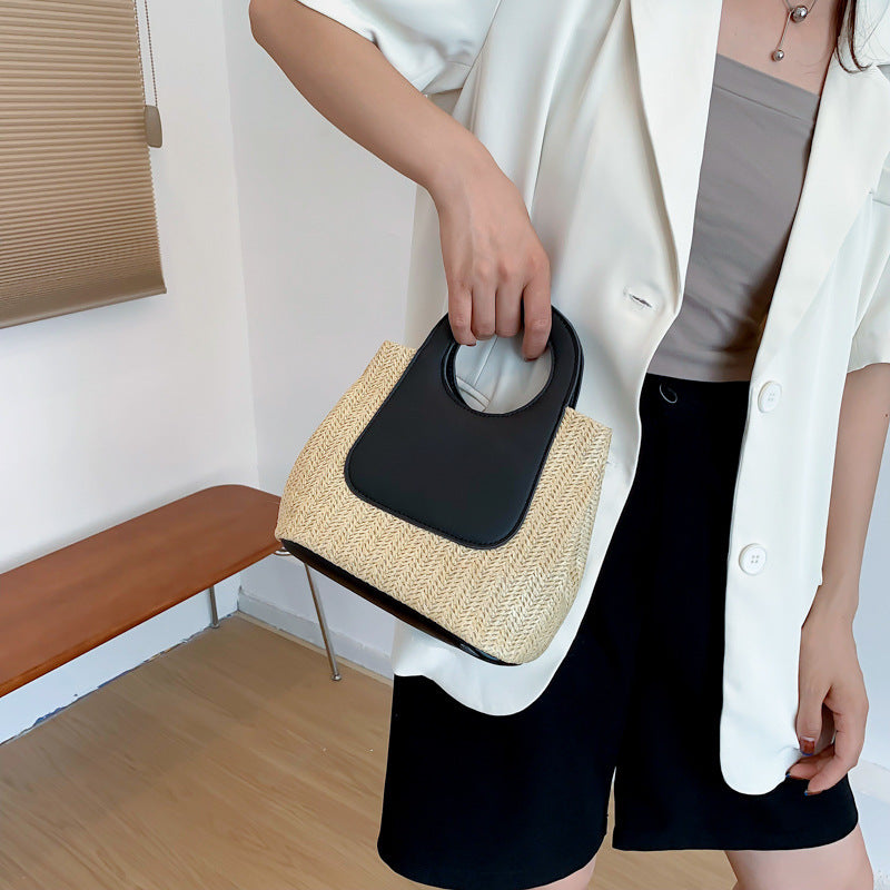 Retro Straw Tote Bag - Woven Handbag with Contrast Panel & Round Handles - Image 4