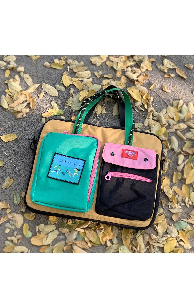 Black Color Block Canvas Laptop Tote Bag - Funky Multi-Pocket Design for Women (37*31*3cm) - Image 3
