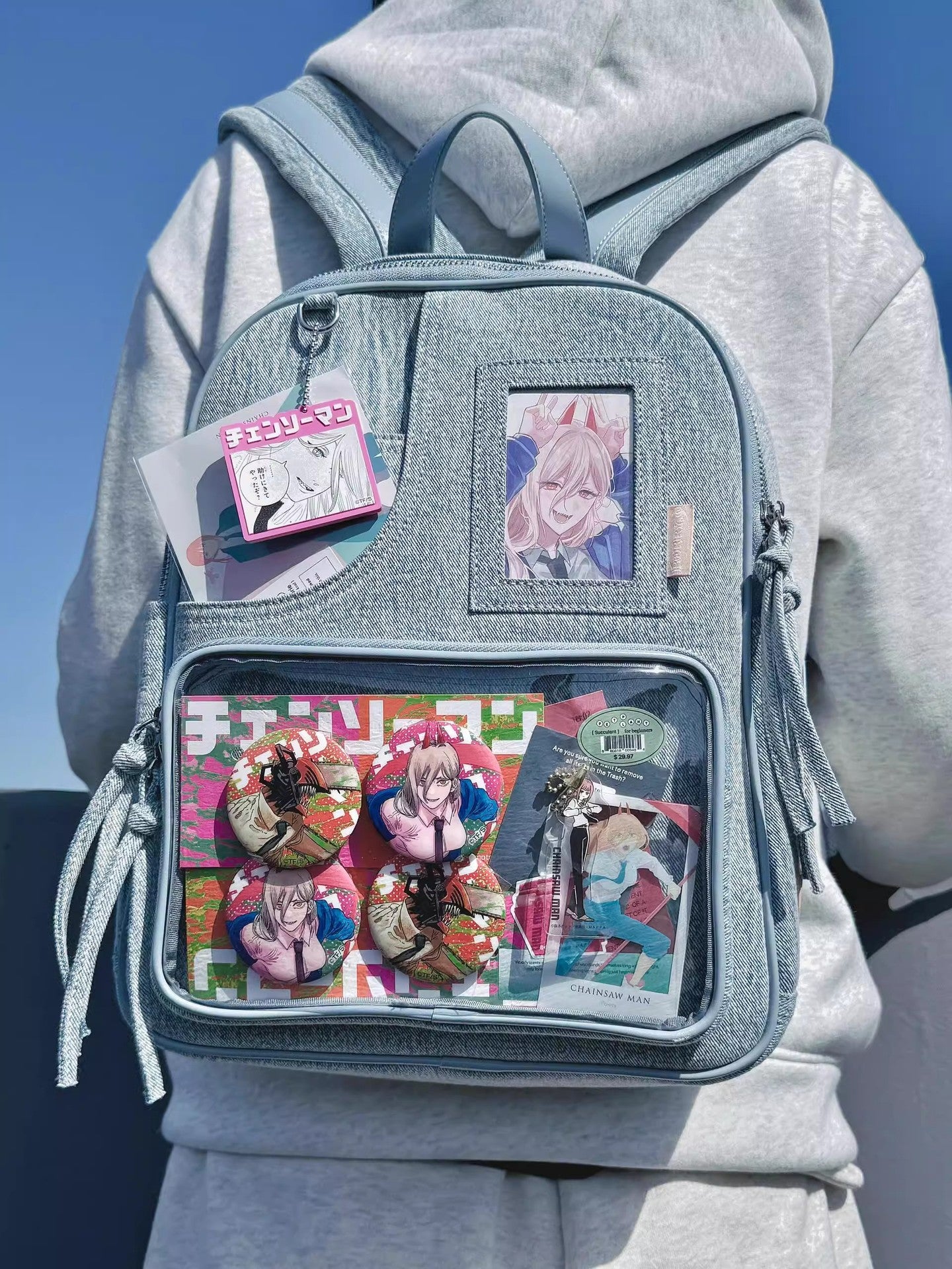 Light blue Large Capacity Anime Denim Bookbag for School Commute  Anime Fans - Image 2