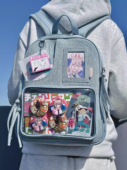 Light blue Large Capacity Anime Denim Bookbag for School Commute  Anime Fans - Image 2