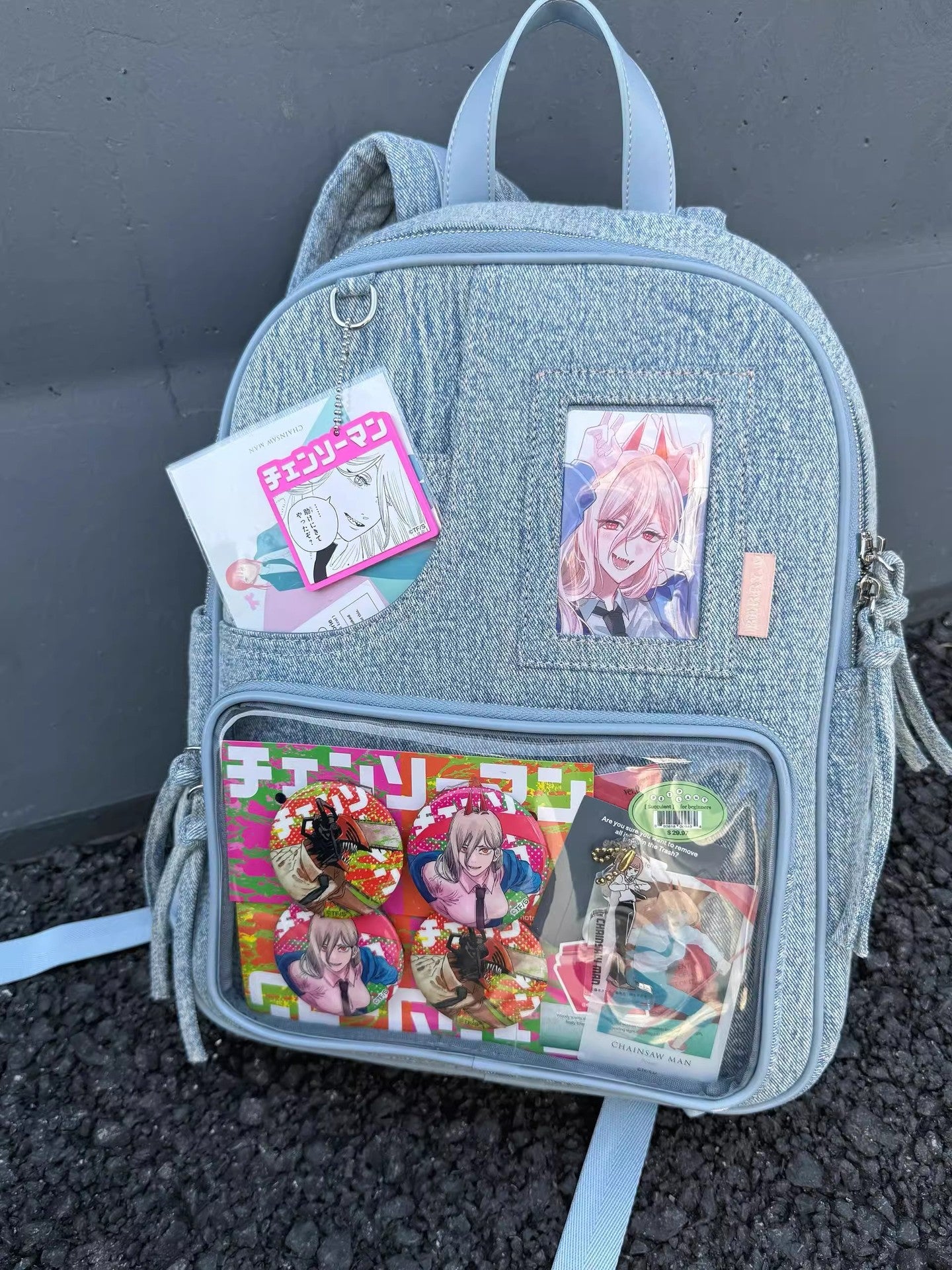 Light blue Large Capacity Anime Denim Bookbag for School Commute  Anime Fans - Image 3
