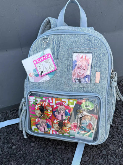 Light blue Large Capacity Anime Denim Bookbag for School Commute  Anime Fans - Image 3
