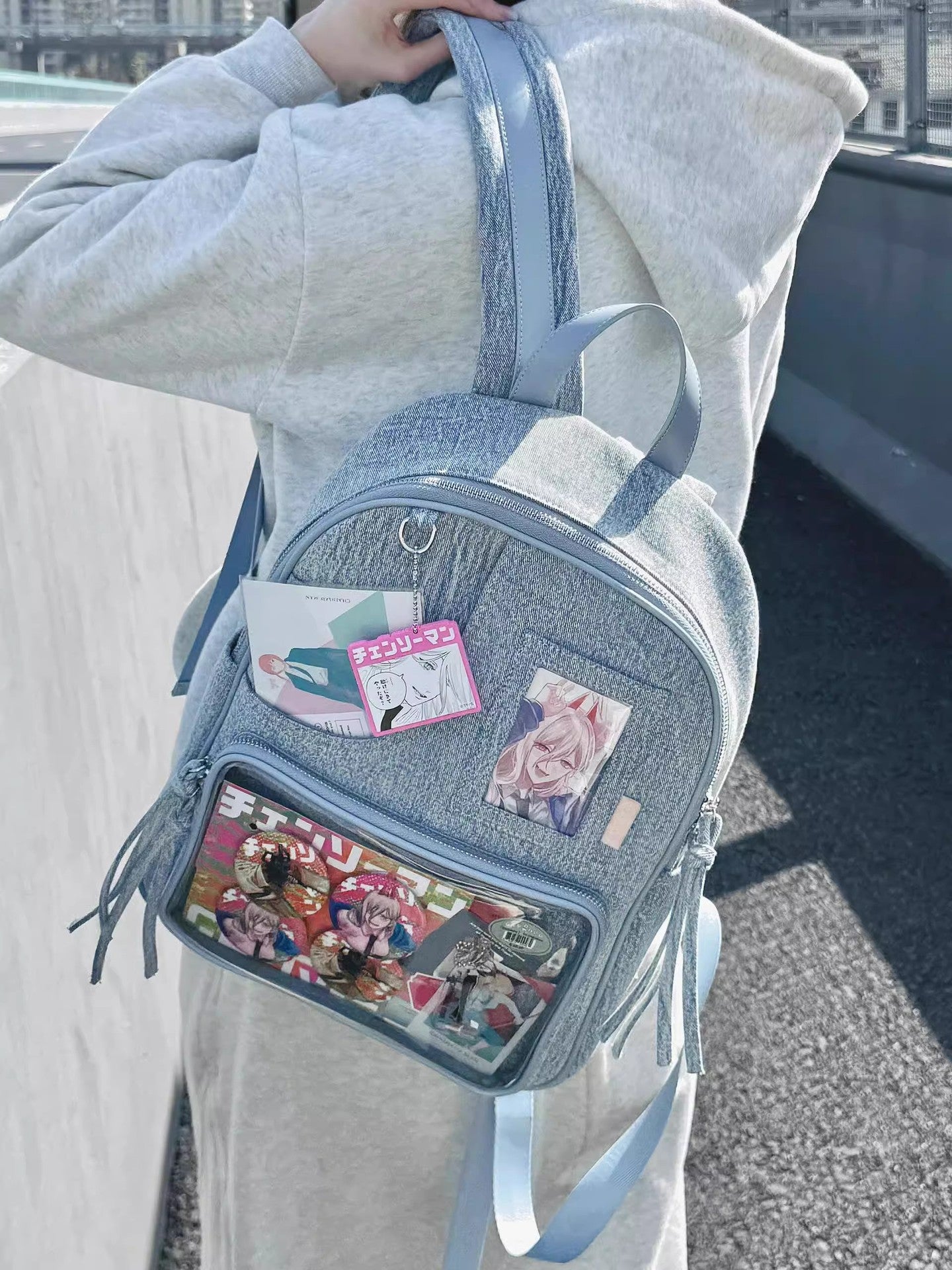 Light blue Large Capacity Anime Denim Bookbag for School Commute  Anime Fans - Image 4