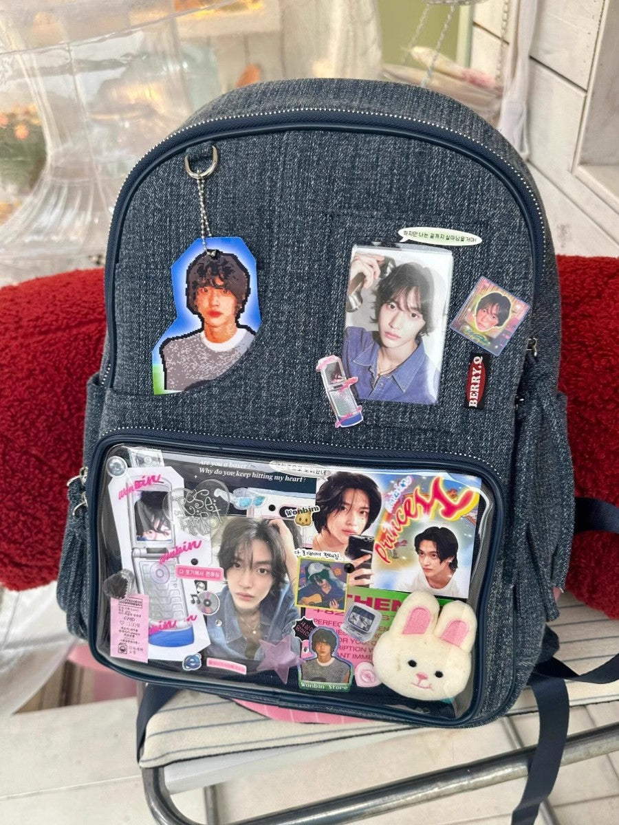 Dark blue Large Capacity Anime Denim Bookbag for School Commute  Anime Fans - Image 2
