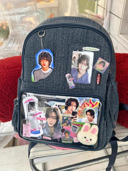 Dark blue Large Capacity Anime Denim Bookbag for School Commute  Anime Fans - Image 2