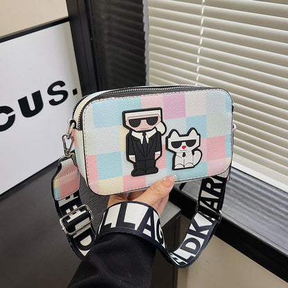 Pink plaid Unique Doodle Print PU Leather Bag - Lightweight Crossbody with Character - Image 2