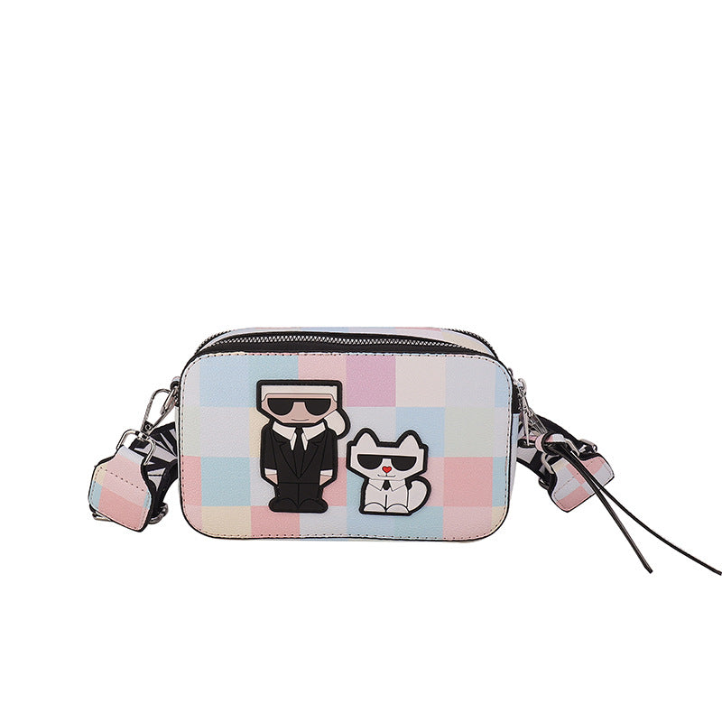 Pink plaid Unique Doodle Print PU Leather Bag - Lightweight Crossbody with Character - Image 3