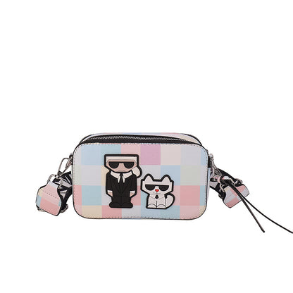 Pink plaid Unique Doodle Print PU Leather Bag - Lightweight Crossbody with Character - Image 3