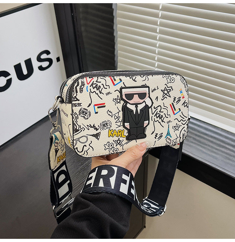 Beige Unique Doodle Print PU Leather Bag - Lightweight Crossbody with Character
