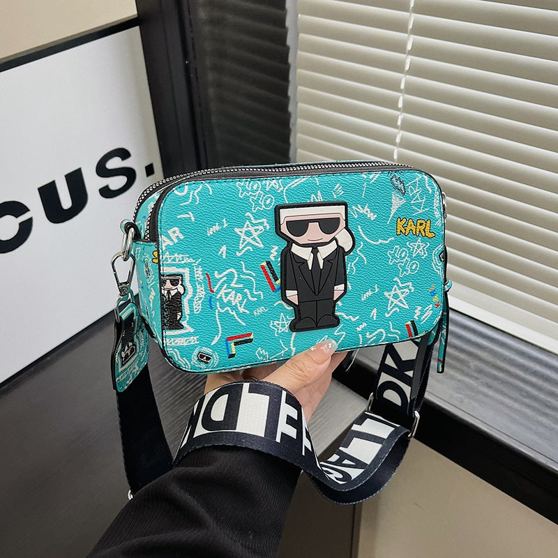 Blue Unique Doodle Print PU Leather Bag - Lightweight Crossbody with Character - Image 2