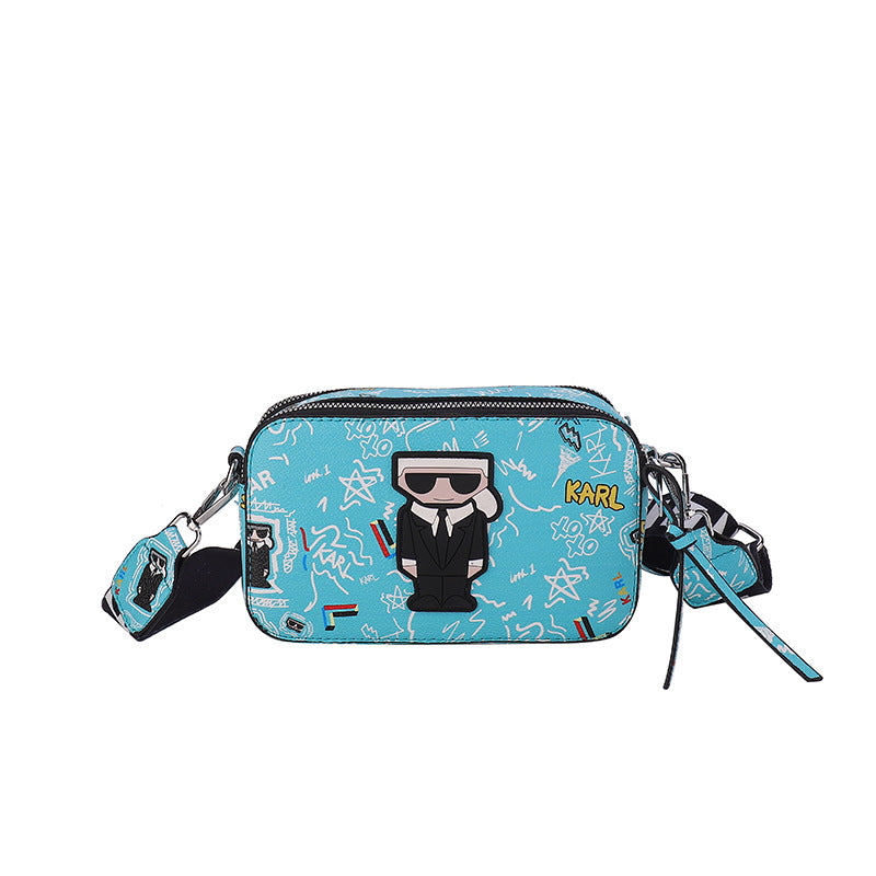 Blue Unique Doodle Print PU Leather Bag - Lightweight Crossbody with Character - Image 3
