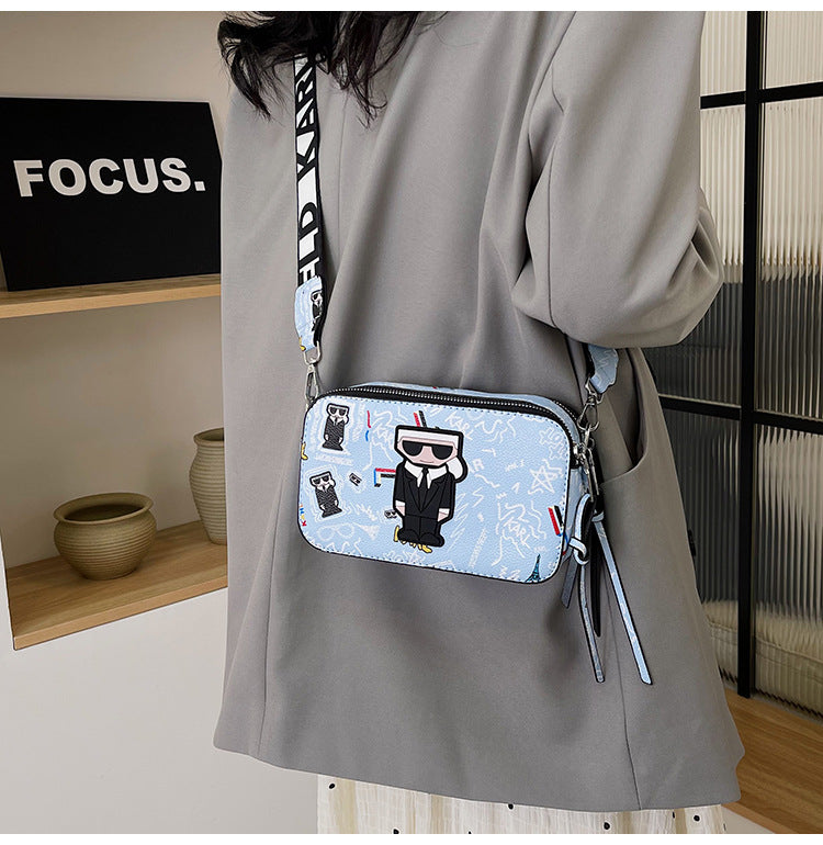Light blue Unique Doodle Print PU Leather Bag - Lightweight Crossbody with Character - Image 3