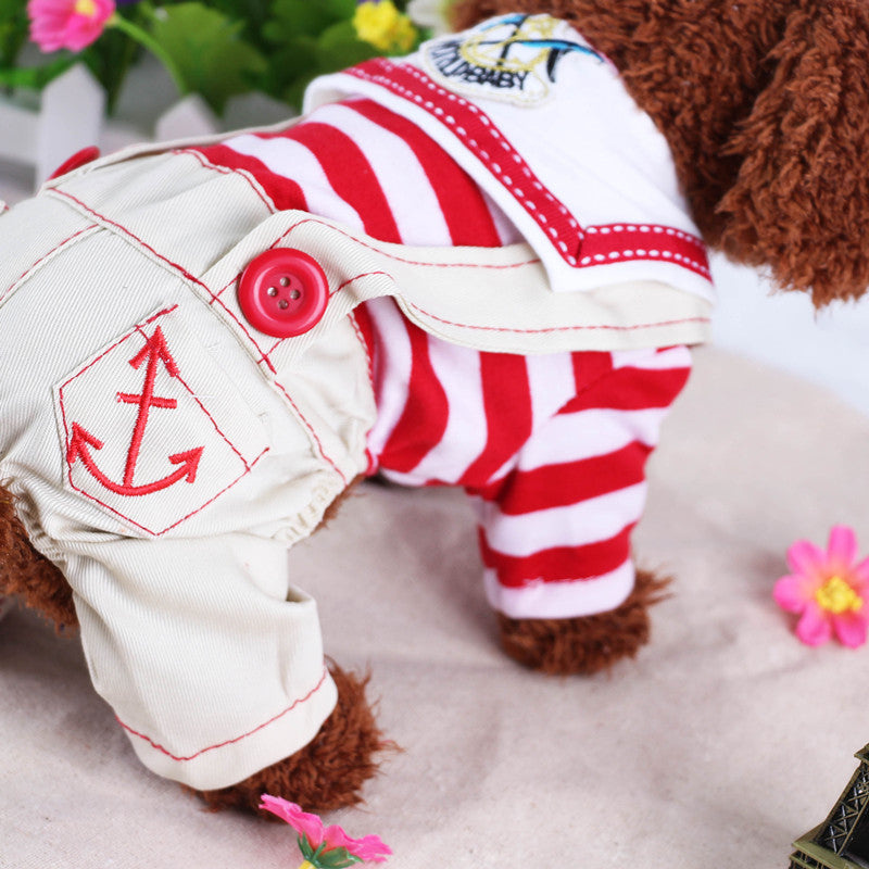 Red Cute Sailor Dog Outfit - Striped Shirt & Anchor Overalls for Small Dogs (Size : M ) - Image 2