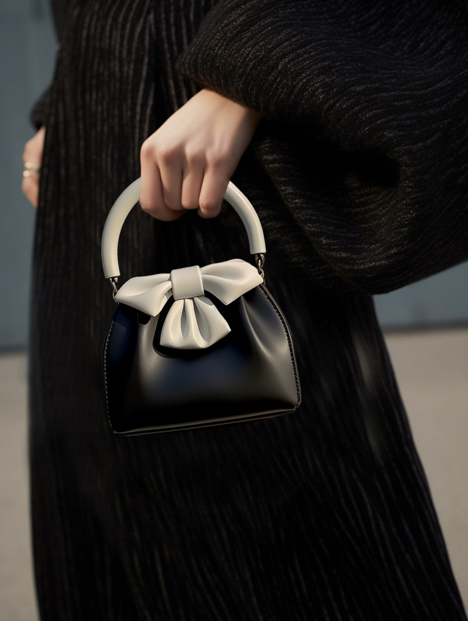 Statement Bow Mini Handbag - Black & White Color Block Top Handle - Image 2