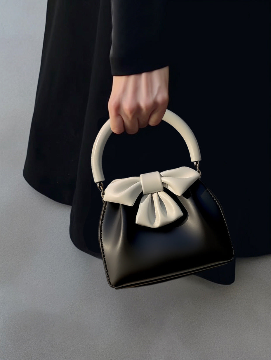 Statement Bow Mini Handbag - Black & White Color Block Top Handle - Image 3