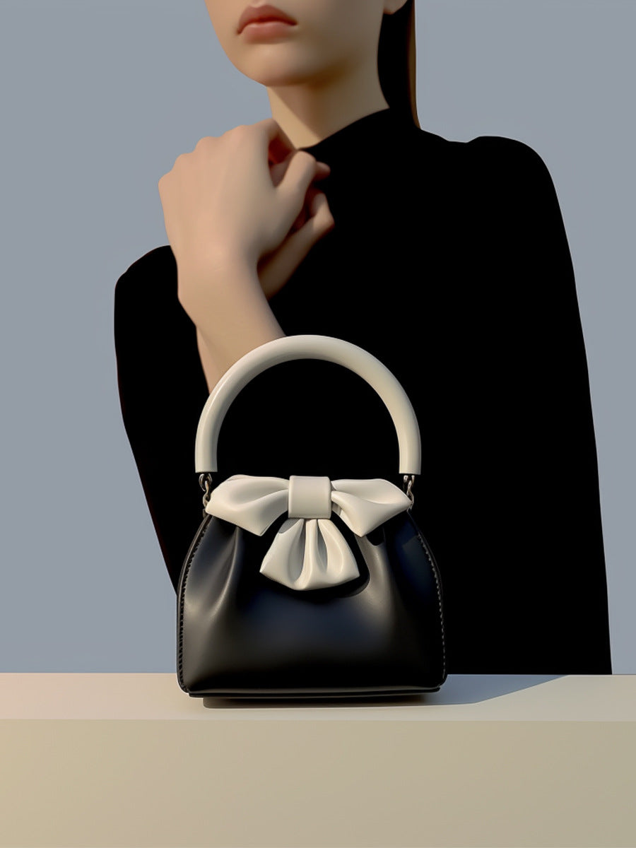 Statement Bow Mini Handbag - Black & White Color Block Top Handle - Image 4