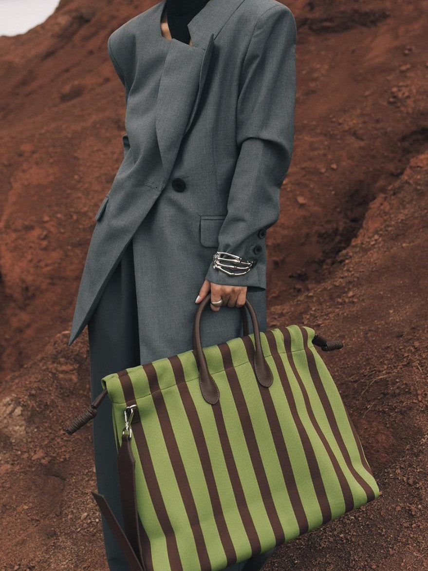 Large Capacity Canvas Tote Bag - Green Stripes, Drawstring Top, Leather Handles - Image 2