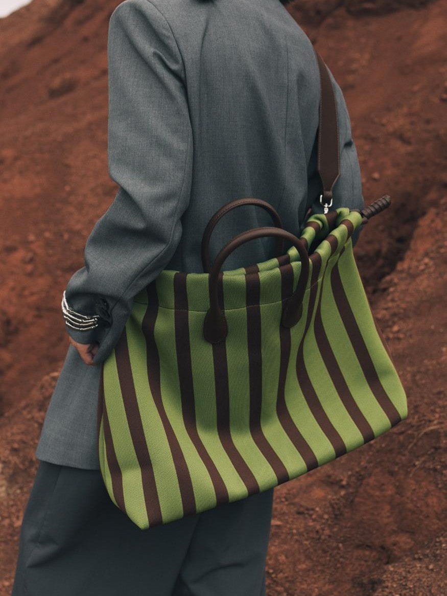 Large Capacity Canvas Tote Bag - Green Stripes, Drawstring Top, Leather Handles - Image 3