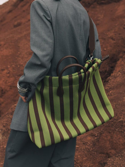 Large Capacity Canvas Tote Bag - Green Stripes, Drawstring Top, Leather Handles - Image 3