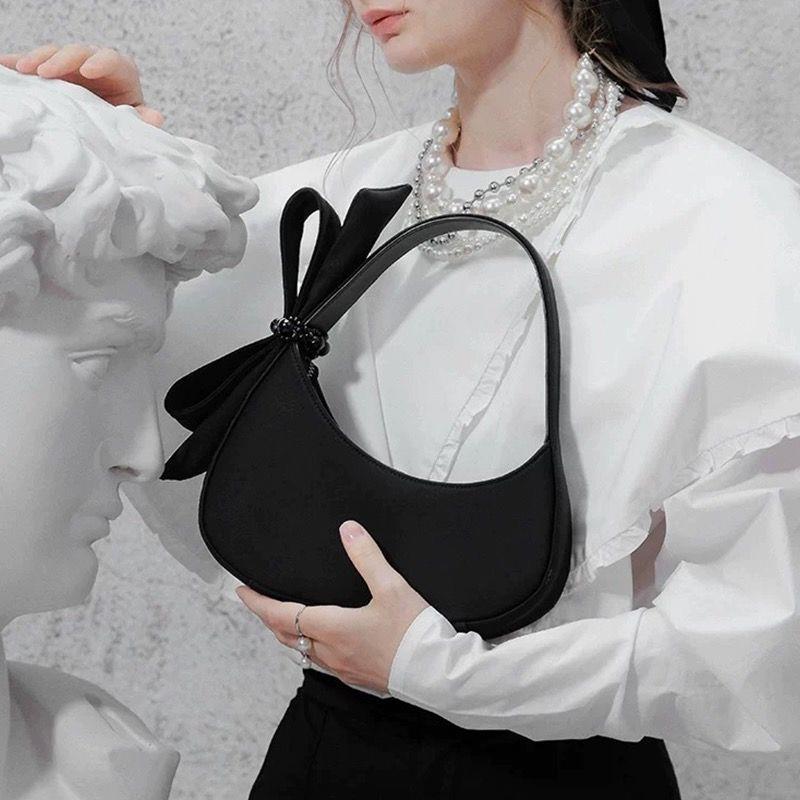 Chic Black Crescent Bag with Statement Bow - PU Leather Shoulder Purse - Image 2