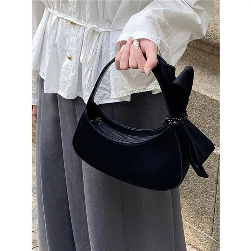 Chic Black Crescent Bag with Statement Bow - PU Leather Shoulder Purse - Image 4