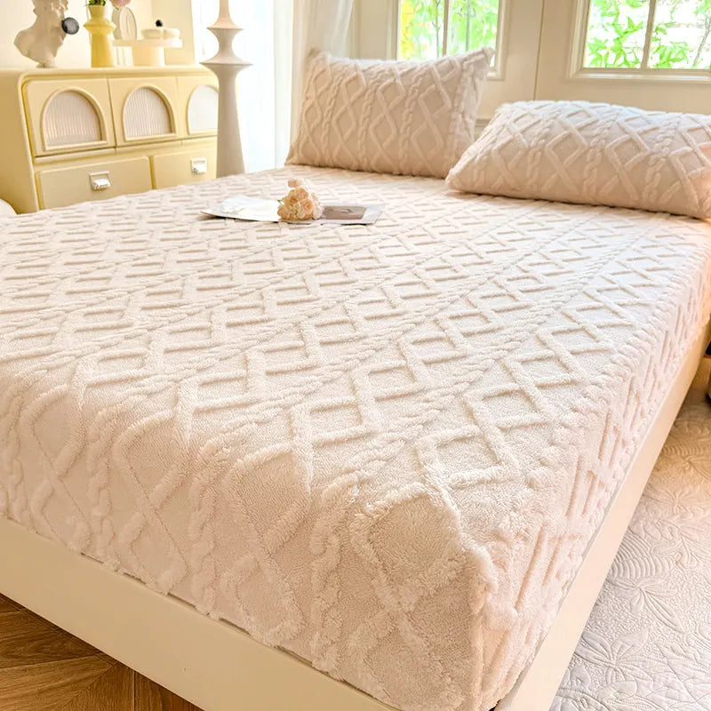 Beige Ultra Soft Plush Fitted Sheet - Winter Warm Plush Bed Sheet Embossed Diamond Pattern (180x200cm) - Image 4