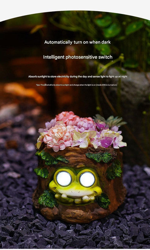 Frog Solar Light Planter - Resin Succulent Pot with Glowing Eyes (Stump frog) - Image 3