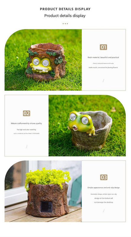 Frog Solar Light Planter - Resin Succulent Pot with Glowing Eyes (Stump frog) - Image 4