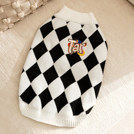 Classic Argyle Dog Sweater - Black & White Knit for Corgis & Medium Breeds (Size : XL)