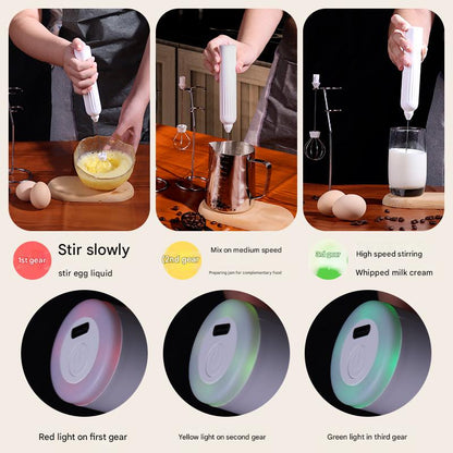 White USB Rechargeable Milk Frother - 3-Speed Handheld Electric Whisk with Stand - Image 3