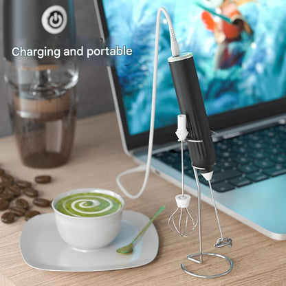 White USB Rechargeable Milk Frother - 3-Speed Handheld Electric Whisk with Stand - Image 7