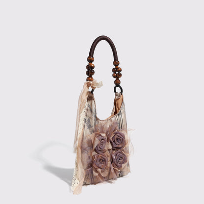 Vintage Rose Floral Shoulder Bag - 3D Fabric Flowers, Wooden Bead Handle Tote - Image 2