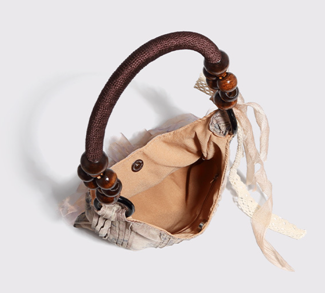 Vintage Rose Floral Shoulder Bag - 3D Fabric Flowers, Wooden Bead Handle Tote - Image 3