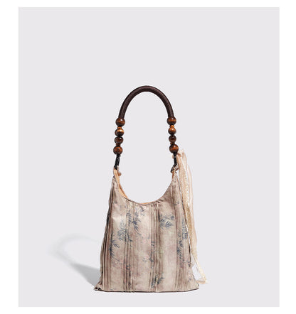Vintage Rose Floral Shoulder Bag - 3D Fabric Flowers, Wooden Bead Handle Tote - Image 5