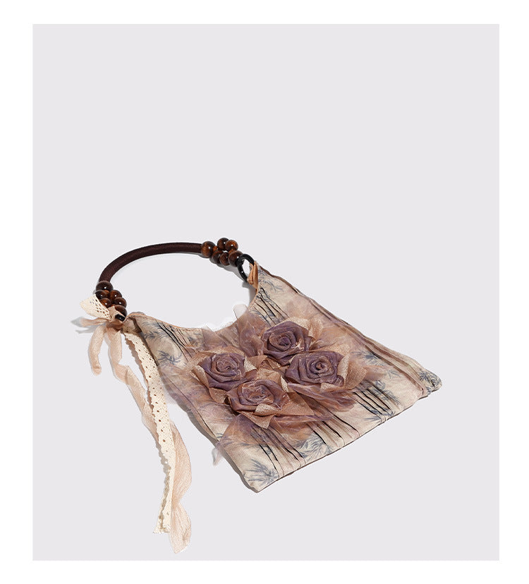 Vintage Rose Floral Shoulder Bag - 3D Fabric Flowers, Wooden Bead Handle Tote - Image 6