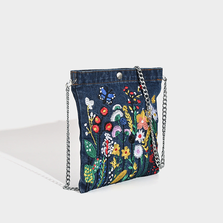 Embroidered Floral Denim Crossbody Bag - Butterfly & Wildflower Design, Chain Strap - Image 2